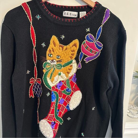 Vintage BP DESIGN Cat Intarsia Holiday Christmas Sweater Medium - Picture 7 of 10